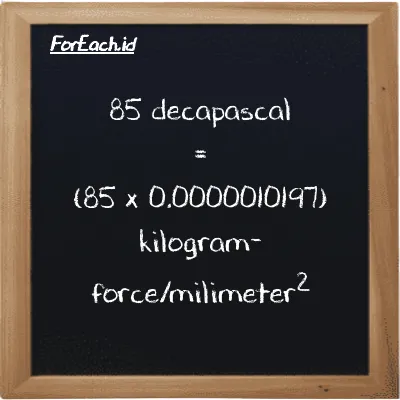 How to convert decapascal to kilogram-force/milimeter<sup>2</sup>: 85 decapascal (daPa) is equivalent to 85 times 0.0000010197 kilogram-force/milimeter<sup>2</sup> (kgf/mm<sup>2</sup>)